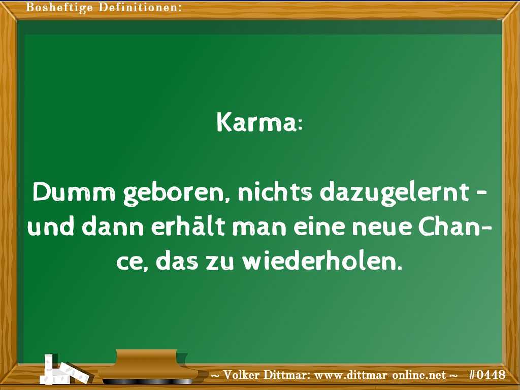 Karma:<br><br>Dumm geboren, nichts dazugelernt – und dann erhält man eine neue Chance, das zu wiederholen. 